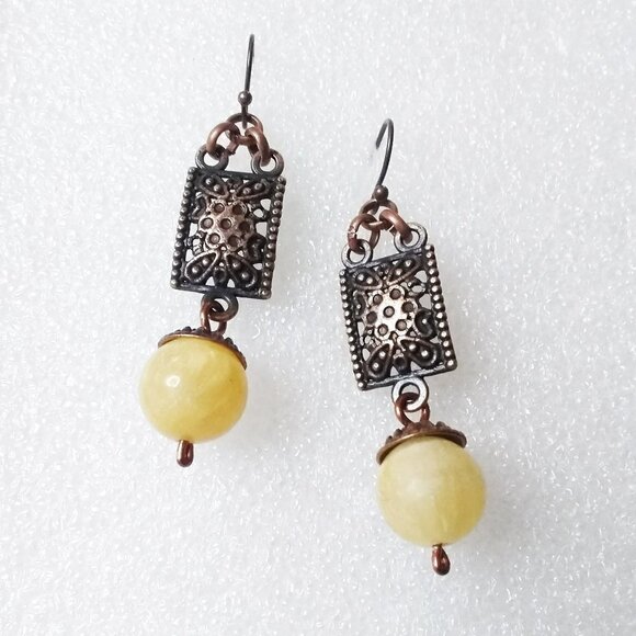 Ornate Copper Plate + Massive Genuine Citrine Beads! Gorgeous Statement Earrings - Picture 1 of 7